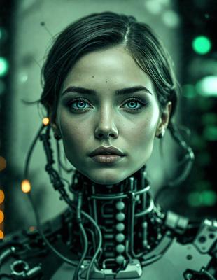 The primary subject of the image is a woman with blue eyes, wearing a futuristic, high-tech outfit. The setting is a dark, futuristic environment, with a backdrop of a cityscape. The visual style is a combination of photo and digital art, creating a unique and intriguing image. The colors are predominantly dark, with the blue eyes of the woman being the most prominent feature. The overall atmosphere is mysterious and captivating.